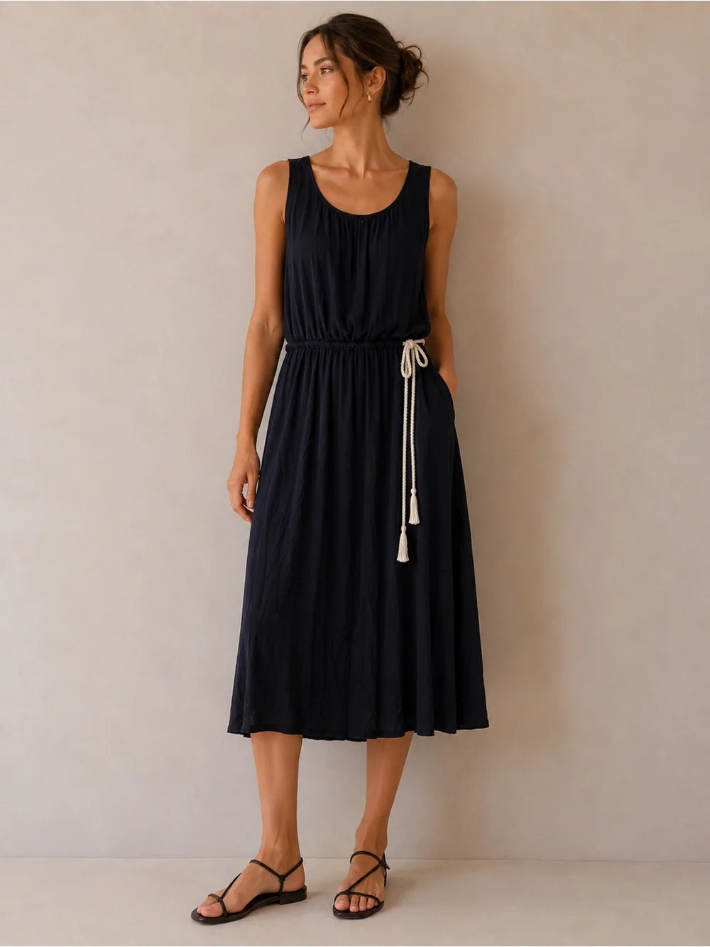 J.Crew Sleeveless Navy Midi Dress with Rope Tie Waist Casual Resort Dress Size L